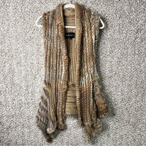Shaci Vest Women’s Medium Brown 100% Rabbit Fur Knitted Open Front Waterfall - Picture 1 of 7